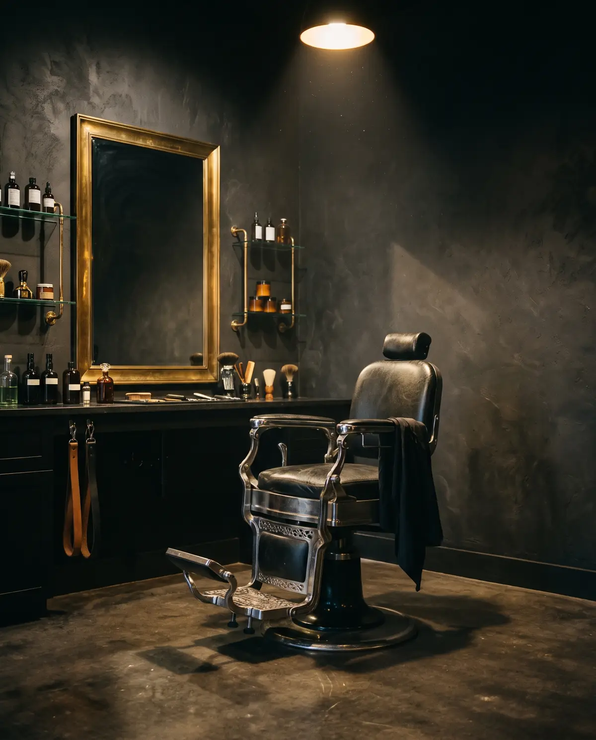 Sillón de barbero clásico bajo un foco