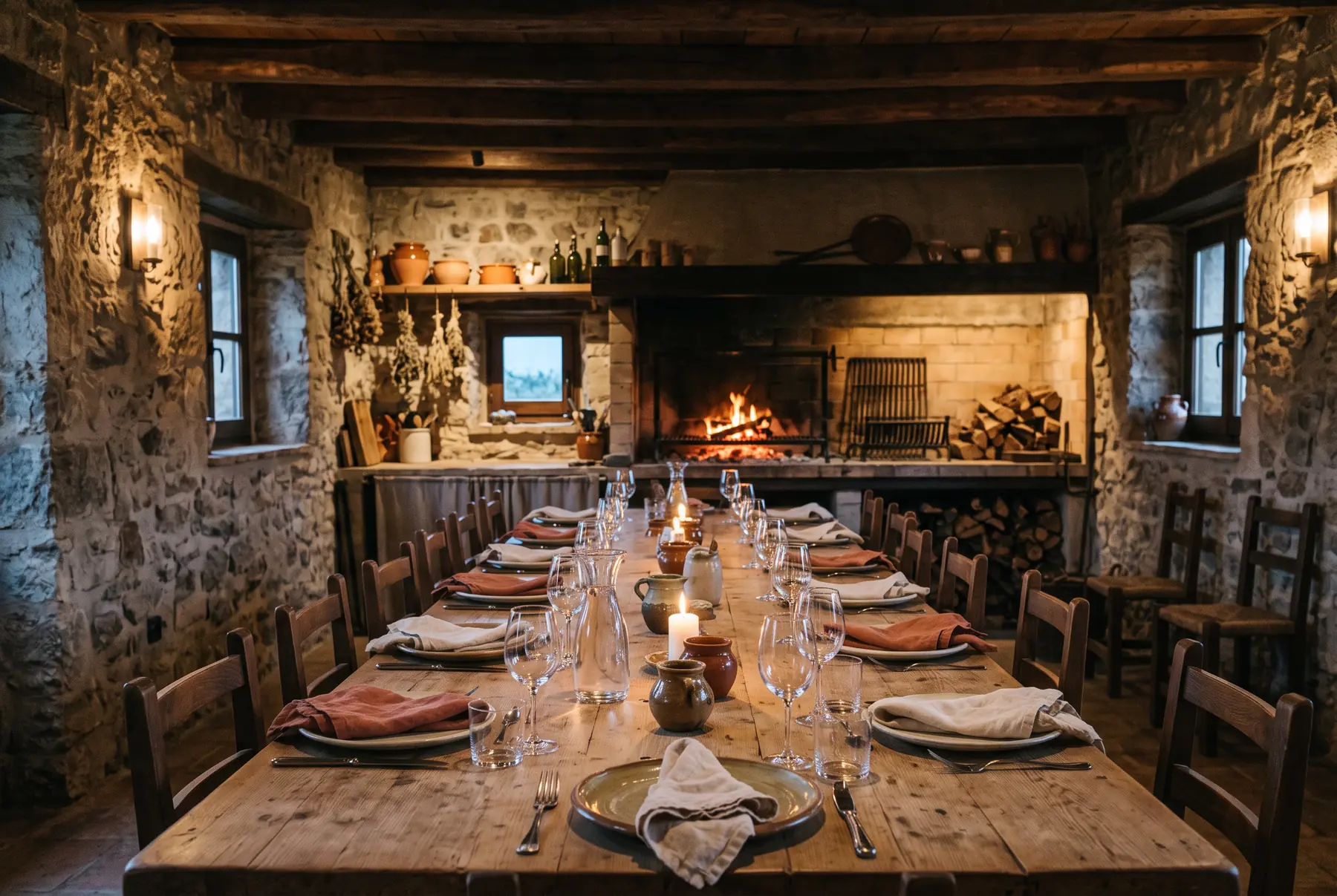 Comedor con mesa larga de madera y la parrilla encendida al fondo